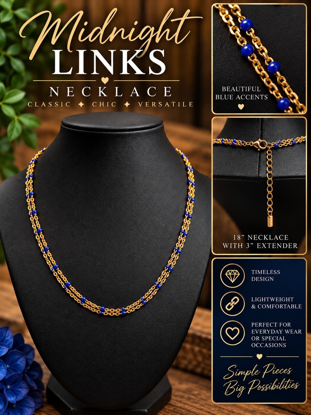 A100. Midnight Links Necklace Gold & Blue Necklace and Bracelet Set NWT